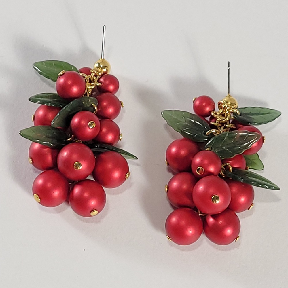 Holiday Berry‎ Cluster Drop Earrings Women Red Green Festive Leaf Statement